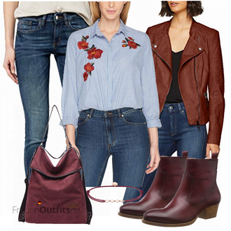Outfit mit Bordeaux/Dunkelrot Lederjacke/Cowboystiefel/Gefütterte Stiefelette/Vintage Stiefelette/Western Stiefelette/Leder Stiefelette/Chelsea Boot Tamaris "SOliver bluse"