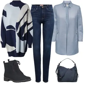Outfit mit Grau/Blau/Dunkelblau/Hellblau Kaschmir-Strickjacke/Strick Poncho/Strickjacke Gefüttert/Poncho/Rundhals-Strickjacke/Vintage Strickjacke/Winter Strickjacke/Wolle Strickjacke/Wickelstrickjacke/Kaschmir Pullover/Longpullover/Oversized Pullover/Pullover Bedrucken/Vintage Pullover/Winterpullover/Strickkleid/Übergroßes Kleid/Winter Strickkleid/Pulloverkleid monki "Blaues Freizeitoutfit"