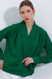 Women's Emerald Green Double Breasted Collar Flowing Satin Blouse 0492