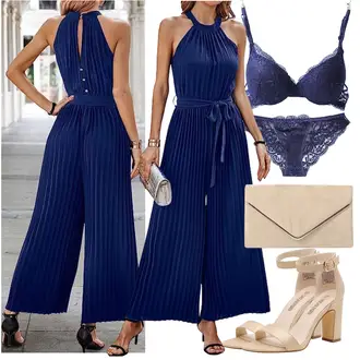 Outfit mit Blau/Dunkelblau Jumpsuit Hochzeit/Festlicher Jumpsuit/Eleganter Jumpsuit/Jumpsuit Mit Weitem Bein Toplop "Perfekt fürs Date"
