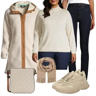 Outfit mit Beige/Khaki Chunky Sneaker/Plateau-Sneaker/Teddy Sneaker Steve Madden "Cooles Winter Outfit"