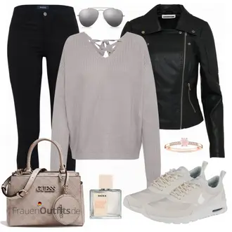 Outfit mit Schwarz/Dunkelgrün Mantel/Bikerjacke/KunstLederjacke/Lederjacke/Motorradjacke Noisy may "Nike Sportswear Sneaker"