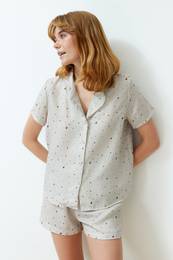 Ecru 100% Cotton Heart Muslin Shorts Woven Pajama Set