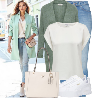 Outfit mit Weiß/Grau/Creme/Hellgrün/Silber Bluse Große Größe/Shirt & Top Große Größe/Bluse und Tunika Tunika/Mesh shirt/Kurzarm T-Shirt/Wickelshirt/Basic Top/Übergroßes T-Shirt/Kurzes Oberteil/Strickshirt/Shirt/Funktions T-Shirt/Hemdoberteil Only "Stilvoller Look für die Freizeit"