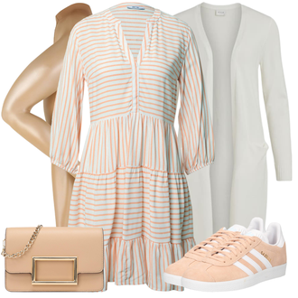 Pruhovaný Outfit s Růžová/Zelená/Hnědá/Béžová/Oranžová Bavlněné Šaty/Tunikové šaty/Halenkové Šaty/Letní Šaty/Šaty Niki/Šaty S Kosticí/Ležérní Šaty/Francouzské šaty/Boho Šaty Elegantní/Boho Letní Šaty About You "Cool vzhled na jaro"