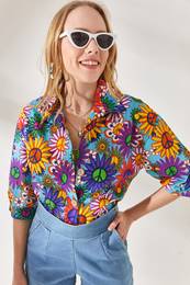 Women's Daisy Blue Wooden Buttoned Three Quarter Sleeve Linen Shirt