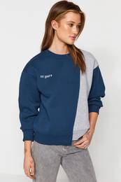 Navy Blue Printed Basic Knitted Sweatshirt