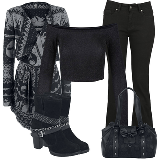 Jeans Outfits Baggy Sommer mit Schwarz/Dunkelblau Schultertasche/Schultertasche/Gym Tasche/Tragetasche/Schulranzen/Teddy Tasche/Große Tasche Banned Alternative "Freizeit Outfit"