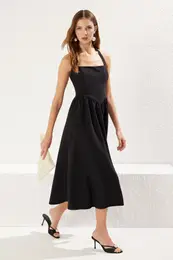 Black A-Line Bow Detail Woven Chic Dress