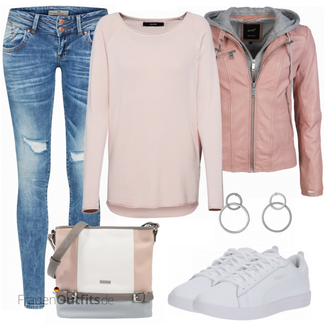 Outfit mit Rosa/Lila/Braun Bikerjacke/KunstLederjacke/Jacke mit Seitlichem Reißverschluss/Leder Bomberjacke/Lederjacke/Motorradjacke Maze "Alltagsoutfit"