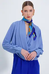 Women's Blue Double Breasted Collar Flowing Satin Blouse 0492