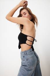 Black High Neck Crop Open Shoulder Knitted Blouse