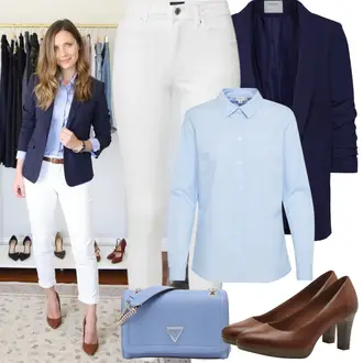 Sommer Vorstellungsgespräch Outfit mit Dunkelblau Tunika/3/4 Bluse/Bluse Oberteil/Bluse mit Stehkragen/Bluse Mit Schleife/Business Bluse/Elegante Bluse/Lederjacke/Longbluse/Langarmbluse Pieces "Frühling outfit"