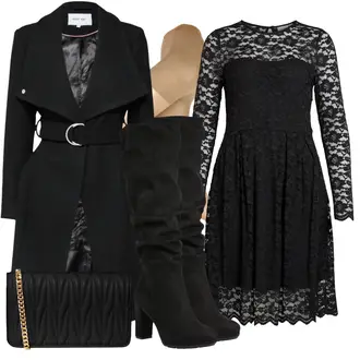 Winter Outfits Knielang mit Schwarz/Grau Kleid Große Größe/A-Linien Kleid/Gothic Kleid/Spitzenkleid Vila, Schwarz High Heels Stiefel/Kniehoher Stiefel/Langer Stiefel/Overknee Stiefel/Spitzer Stiefel/Weitschaftstiefel About You "Elegantes Winter Outfit"