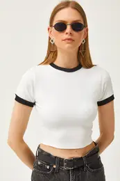 Women's White Color Striped Lycra Crop Ottoman Blouse