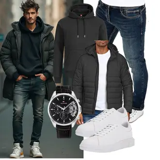 Outfit mit Dunkelgrau/Grau/Hellgrau/Schwarz Winterjacke/Hybridjacke/Daunenjacke/Kunstfaserjacke/Kapuzenjacke/Puffer Jacke/Isolationsjacke/Thermojacke Indicode "Freizeit Outfit"