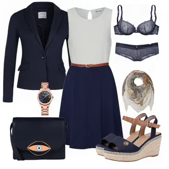 Outfit mit DunkelBlau/HellBlau/Blau Lederjacke/Blazerjacke/Blusenblazer/Boyfriend Blazer/Lässiger Blazer/Baumwoll ­Blazer/Eleganter Blazer/Strick­blazer/Kurzblazer/Sweatblazer/Lederjacke für Männer/Lederjacke VERO MODA "About You Kleid"