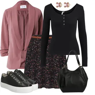 Smart Casual Outfit mit Schwarz/Lila/Rot Short Große Größe/Kleid Große Größe/Tunika/60er Jahre Rock/A Linien Rock/Boucle Rock/Tellerrock/Cocktail Rock/Ausgestellter Rock/Rock Mit Blumenmuster/Strickrock/Moderne Rock/Büro Rock/Bedruckter Rock/Rock Zum Binden/Wickelrock About You "Stylische Kombination für den Frühling"Look: 70er, Business, Coole, Französische, Büro, Smart Casual