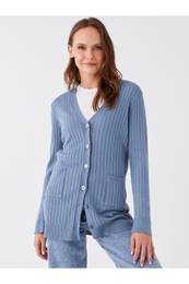 Women's V-Neck Self Patterned Long Sleeve Cardigan
