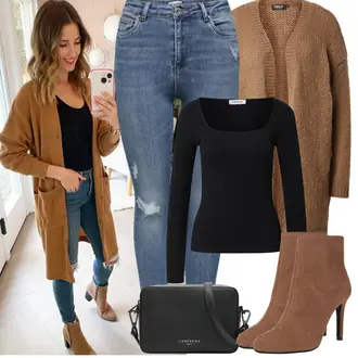 Outfit sa Smeđa/Bež/Tamnosmeđa Gležnjača na visoku petu/ljetna gležnjača/Čizma na visoku petu/Podstavljena Gležnjača/Čizma na Špic/Klasična čizmica About You "Proljetni Outfit"