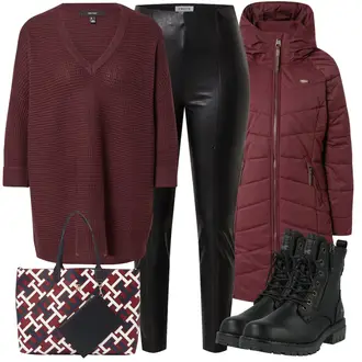 Outfit mit DunkelRot/Bordeaux/Rot Mantel mit Reißverschluss/Kapuzenmantel/Wintermantel/Steppmantel/Daunenjacke/Kapuzenjacke/Winter Parka/Puffer Jacke/Herbstjacke/Langjacke/Steppjacke/Winterjacke Ragwear "Cooles Winter Outfit"