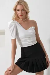Trend Alaat Stili Women's White One-Shoulder Detailed Blouse