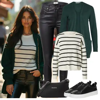 90-ich Outfit sa Crna/Bijela/Smeđa Veći Broj Hlača Velika Veličina/Tajice Velika Veličina B.young "Proljetni outfit"Look: 90-ich, Old Money, Prekrasan, Francuske, cool, Techno, Jazz