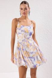 Multicolor Floral Stone Accessory Woven Chiffon Mini Lining Stylish/Evening Dress