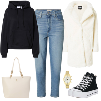 Outfit mit Creme/Weiß/Beige Bouclé Mantel/Pelzmantel/Teddy Mantel Urban Classics "Sportlicher Alltagslook"