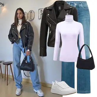 Biker Outfit mit Schwarz/Grau/Rot Motorradjacke/KunstLederjacke/Bikerjacke Decrum "Outfit für den Winter"