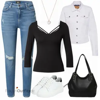 Outfit mit Grau/Creme/Hellgrau/Weiß Mantel/Bluse Große Größe/Crop Jacke/Kurzjacke/Jeansjacke/Shirtjacke/Kurze Jeansjacke/Sommerjacke Only "Kontrast Alltagslook"