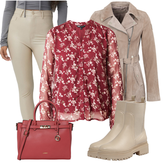 80er Outfit mit Rot/Lila/Rosa Lederjacke/Seidenbluse/Gemusterte Bluse/Außergewöhnliche Bluse/Druckbluse/Vintage Bluse/Crash­bluse/Transparente Bluse/Bluse mit Stehkragen Only "Perfekt Für Den Herbst"Look: Stil, Classic, Uni, Fließende, Mom, Schön, Romantisch, Mit Transparent, Retro, 80er
