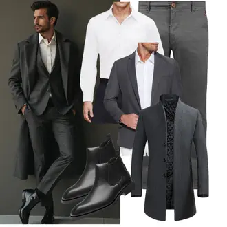 Musical Outfit mit Dunkelgrau/Grau/Dunkelblau Strickmantel/Schmal Geschnittener Mantel/Wollfleece Mantel/Gehröck/Blazermantel/Kaschmir Mantel/Wollmantel YOUTHUP "Business Outfit"Look: Apres ski, Fitness, Freizeit, Laufen, Musical