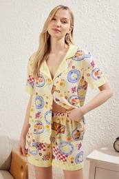 Multicolored Fun Woven Pajama Set with Patterned Viscose Shorts