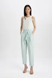 Gabardine Trousers Paperbag Pocket High Waist Short Leg Ankle Length