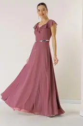 By Sayg Flounce Collar Waist Belt Lined Long Chiffon Dress