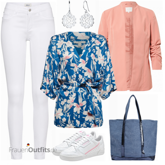 Outfit mit Weiß/Schwarz/Braun Bluse mit Lochstickerei/Bluse Oberteil/Kinderspielzeug/Schößchen­bluse/Verspielte Bluse/Volantbluse/Damen 7/8-Länge Jeans/Cropped Jeans/Schlaghose Jeans/Jeans-Culotte/Bundfaltenjeans/Formelles Hemd/Wide Leg Jean Only "Blumiger Alltagslook"