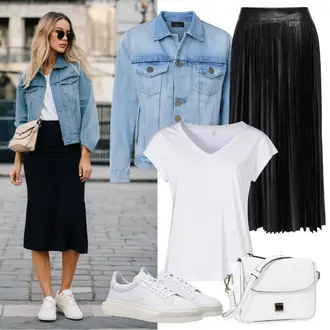 Schicke Outfits Sommer mit Hellblau/Blau Kurze Jeansjacke/Jeansjacke/Vintage Jacke Marc O'Polo, Schwarz Plisseerock Street One, Weiß/Creme Wickelshirt marc cain, Weiß/Lila Macbook Tasche/Brieftasche/Schultertasche/Kleine Tasche/Schultertasche/Handytasche david jones, Weiß/Creme Canvas-Sneaker/Sommer Sneaker/Skateschuh/Plateau-Sneaker/Schmaler Sneaker/Sneaker Low Ara "Stilvolle Kombinationen für die Freizeit"