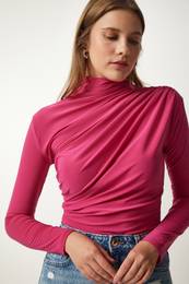 Happiness stanbul Women's Pink Gathered Detailed High Neck Sandy Blouse