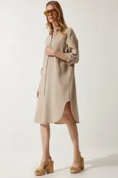 Happiness stanbul Women's Beige Oversize Muslin Shirt Dress
