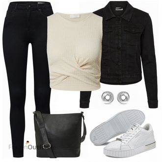 Outfit mit Schwarz Lederjacke/Cord Legging/High Waist Legging/Strick Legging/Gefütterte Leggings/Lederjacke/Thermohose/Treggings/Warme Leggings/Biker Jeans/Thermojeans VERO MODA "Freizeit Outfit"