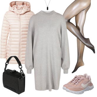 Outfit mit Hellgrau/Grau/Braun/Beige Kaschmir-Strickjacke/Morgenmantel/Lange Strickjacken/Rundhals-Strickjacke/Stehkragen-Strickjacke/Winter Strickjacke/Wolle Strickjacke/Longpullover/Stillpullover/Oversized Pullover/Pulloverkleid/Winter Strickkleid/Übergroßes Kleid/Rollkragenkleid/Langes Strickkleid/Langärmliges Winterkleid VERO MODA "Sportlicher Freizeitlook"