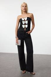 Black-White Bow Detailed Strapless Woven Blouse