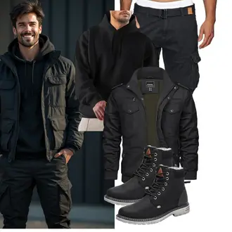 Stehkragen Outfit mit Schwarz/Dunkelgrün/Khaki/Dunkelgrau Uniformjacke/Jacke mit Seitlichem Reißverschluss/Cargojacke/Winterjacke/Herbstjacke/Militärjacke TACVASEN "Freizeit Outfit"