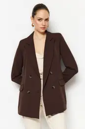 Dark Brown Lined Double Breasted Woven Blazer Jacket