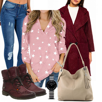 Outfit mit Dunkelrot/Lila/Rot/Bordeaux Klassischer Stiefel/Winter Stiefelette/Leder Stiefelette/Flache Stiefelette/Gefütterte Stiefelette/SchnürStiefelette Rieker "Herbst Outfit für den Alltag"