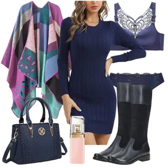 Elegant Abendessen Winter Outfit mit Dunkelblau/Blau Langärmliges Winterkleid/Langärmliges Kleid/Langes Strickkleid/Winter Strickkleid Gyabnw "Herbstlicher Look"Look: Stil, Sexy, Uni, Boyfriend, Casual, Schön, Schick, Goa, GoGo, Overdressed, Nahtlos, Burlesque, Elegant, Edel, Wasen, Abendessen, Hochzeit, Bar, Geburtstag, Besondere Anlässe, Konzert, Firmenfeier, Pop Konzert