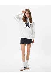 Raised Oversize Hooded Sweatshirt Star Printed Long Sleeve
