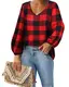 Style Dome Bluse Damen Kariert Langarmshirt Laterne Ärmel V-Ausschnitt Casual Longshirt Oversize Tops Rot L