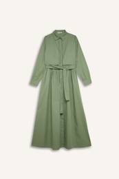 Shirt Collar Belted Buttoned Long Sleeve Poplin Midi Dress